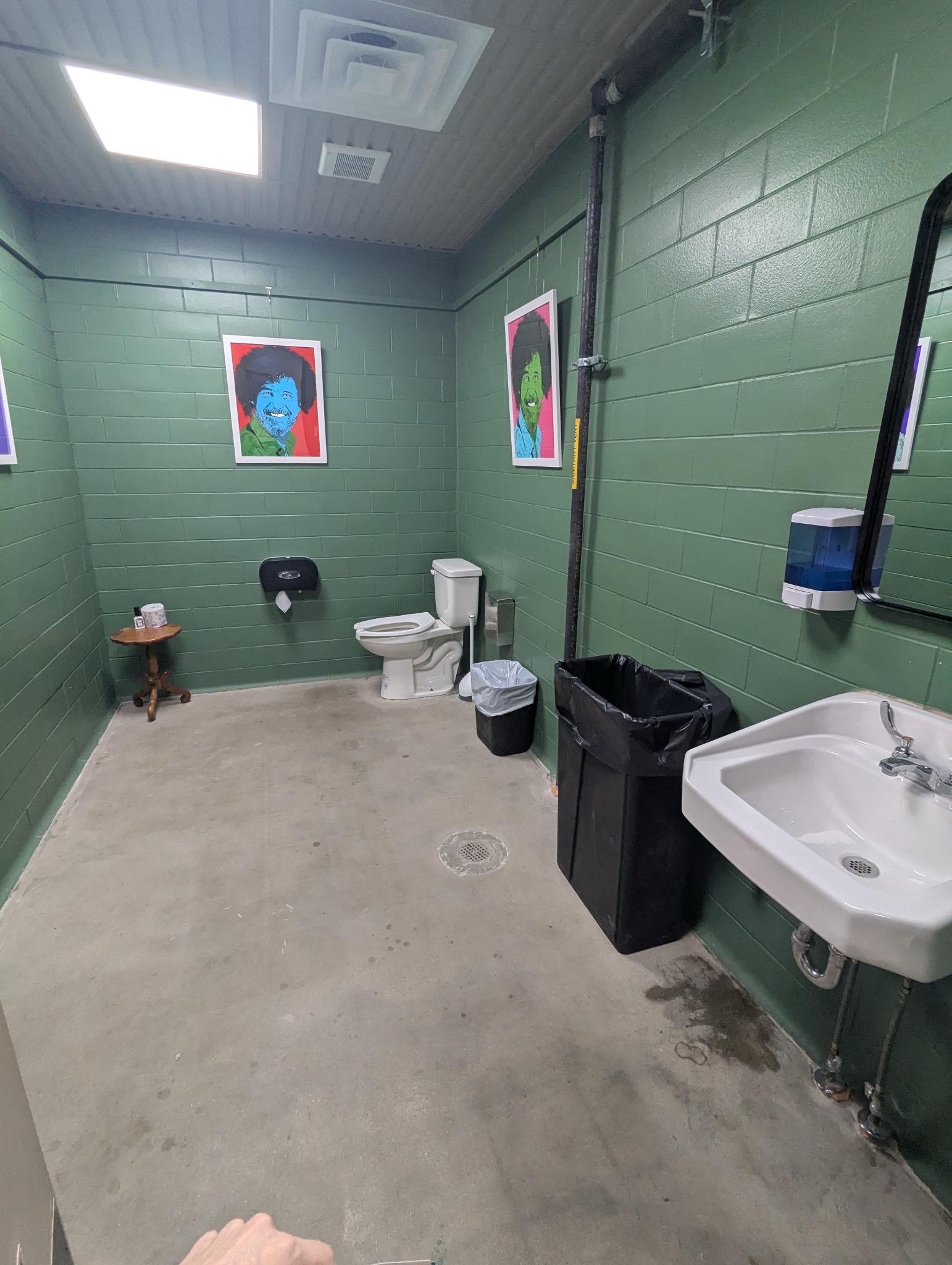 A photo of the interior of a single-stall bathroom at Clover24. There is a toilet in the corner, green walls, and two art prints on the walls.